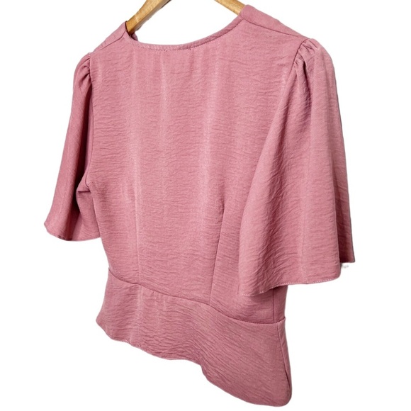 Primark Womens Short Sleeve Wrap Button Dusty Rose Peplum Formal Crop Top Blouse - Picture 9 of 16